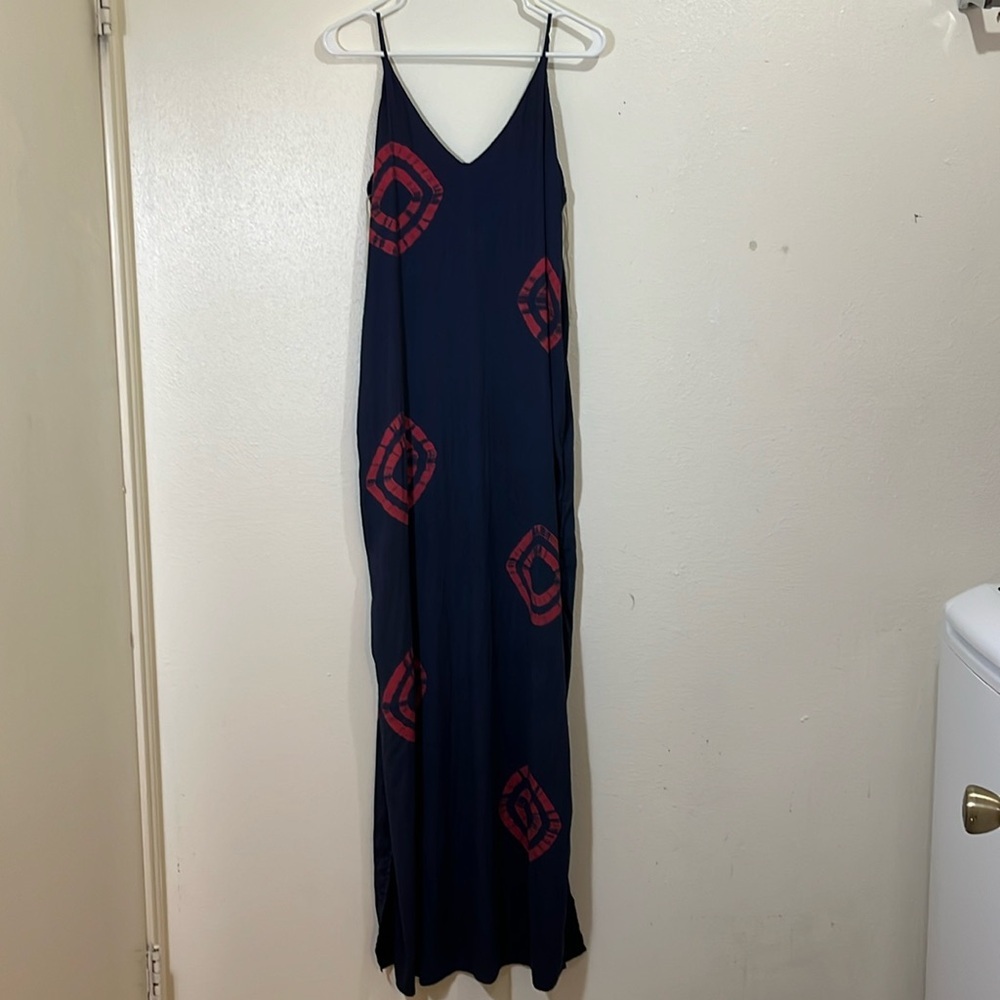 Rory Beca spaghetti strapped navy blue, maxi dress with red circles. Size M